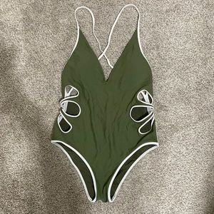 aerie Olive Green One-Piece Swimsuit with White Trim
